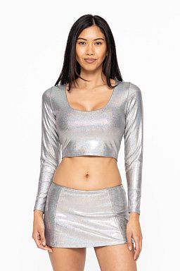 Iridescent Long Sleeve Crop Top Black/silver