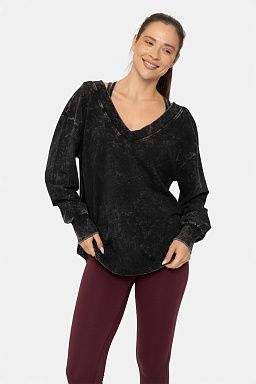 Mineral Wash Cotton Blend Deep V-Neck Long Sleeve Black